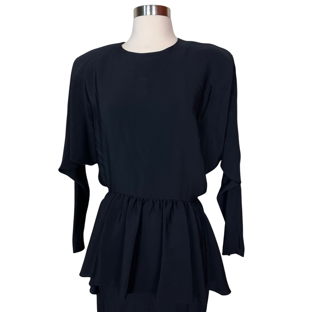 Regina Kravitz Vintage Black 80s Padded Shoulder Cutout Back Peplum Dress Size 8 - Picture 3 of 10